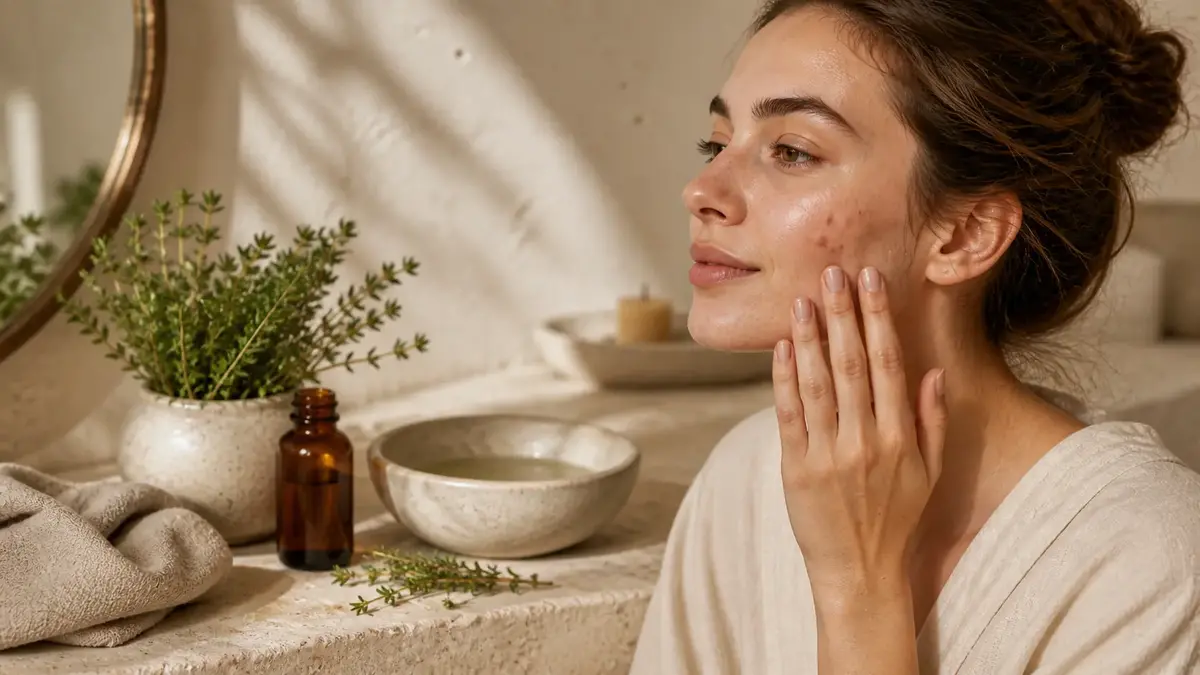 Femme appliquant un soin naturel au thym sur une peau à imperfections avec flacon ambré et plantes fraîches dans une routine visage douce