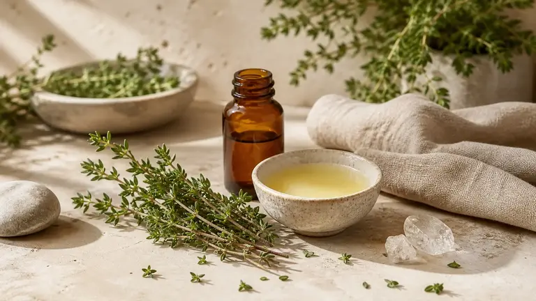 Thym pour la peau en soin naturel avec flacon ambré, baume végétal et branches de thym frais pour accompagner les peaux à imperfections