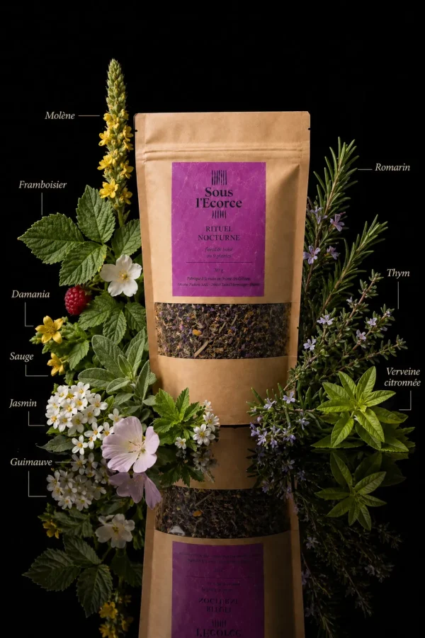 Sachet de tisane sommeil bio Rituel Nocturne dans une ambiance nocturne avec plantes, fleurs et leur nom.