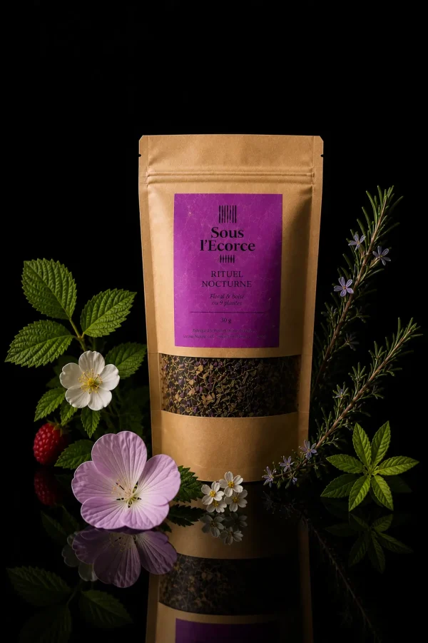 Tisane sommeil bio Rituel Nocturne avec les plantes de la composition mises en scène autour du sachet