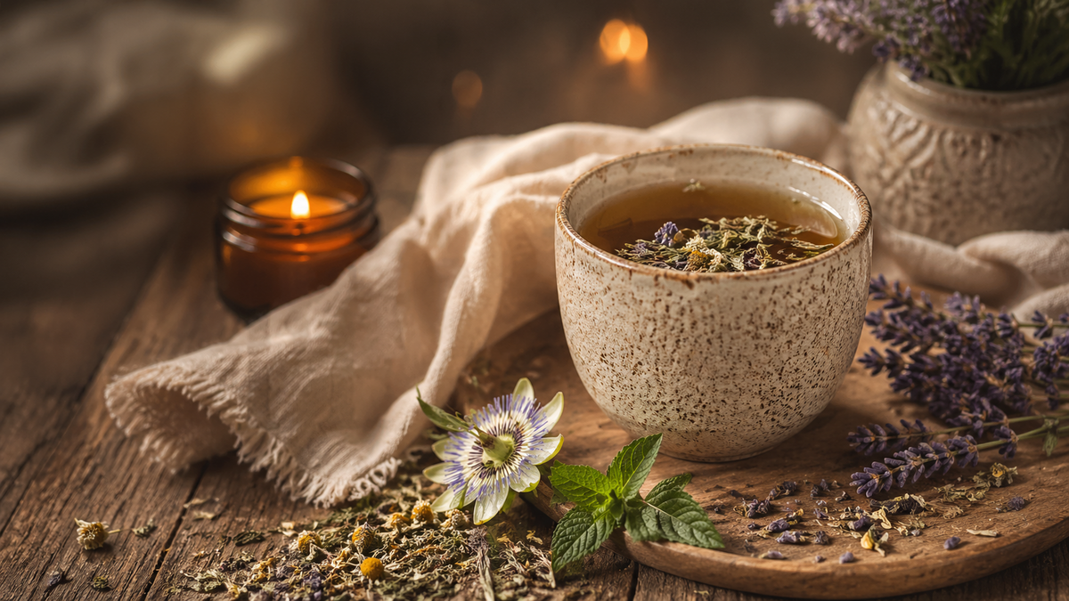 Tisane sommeil naturelle avec plantes séchées sur table en bois ambiance apaisante du soir