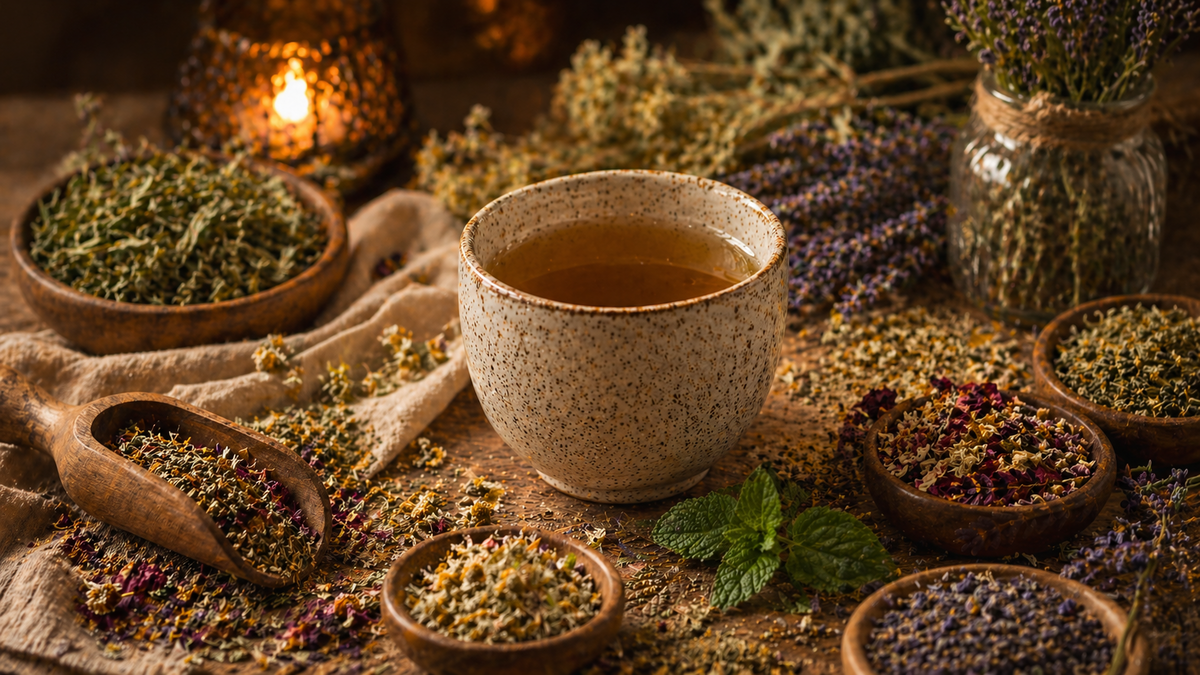 Tisane sommeil entourée de plantes séchées variées dans une ambiance chaleureuse et apaisante