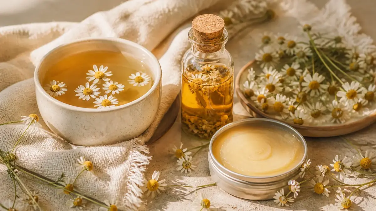 Infusion de camomille, macérât huileux et baume naturel pour apaiser les peaux sensibles et sèches