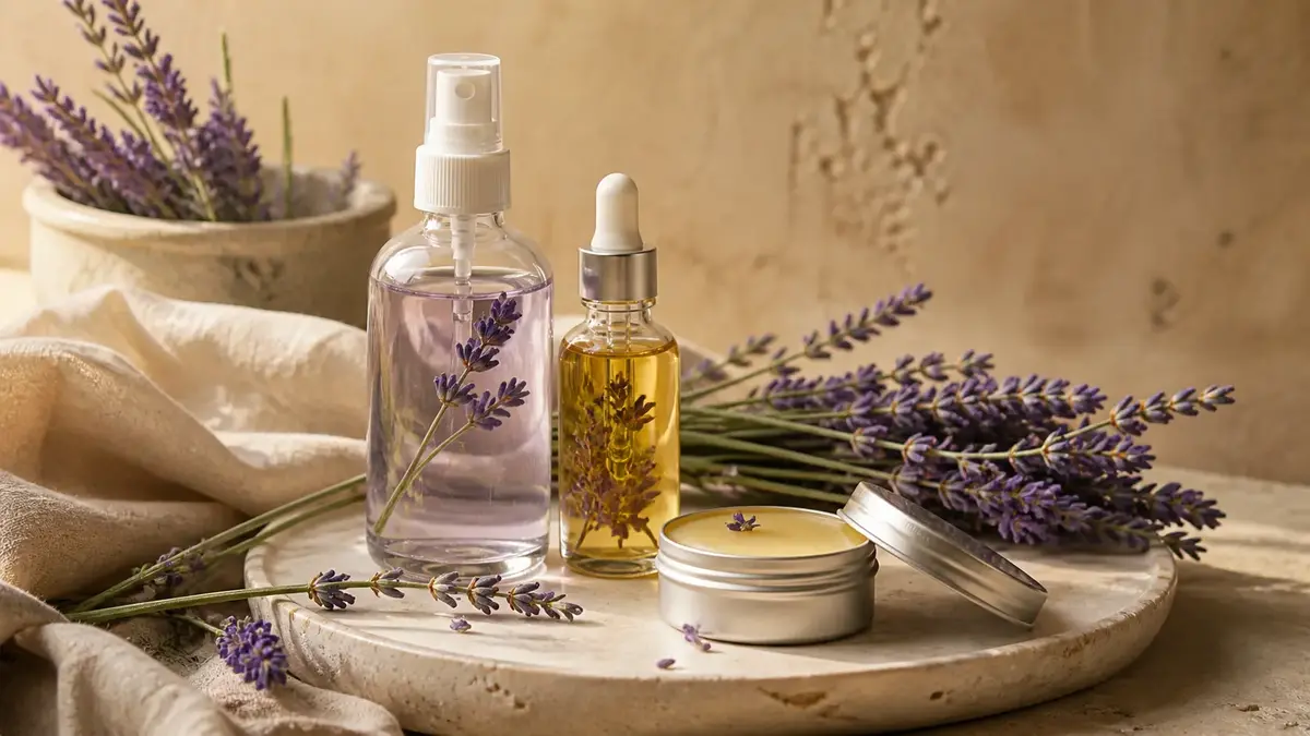 Hydrolat de lavande, macérât huileux et baume naturel lavande pour la peau dans une routine végétale simple
