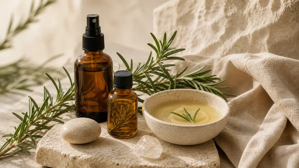 Hydrolat de romarin, macérât huileux et baume naturel pour la peau dans une routine végétale équilibrante