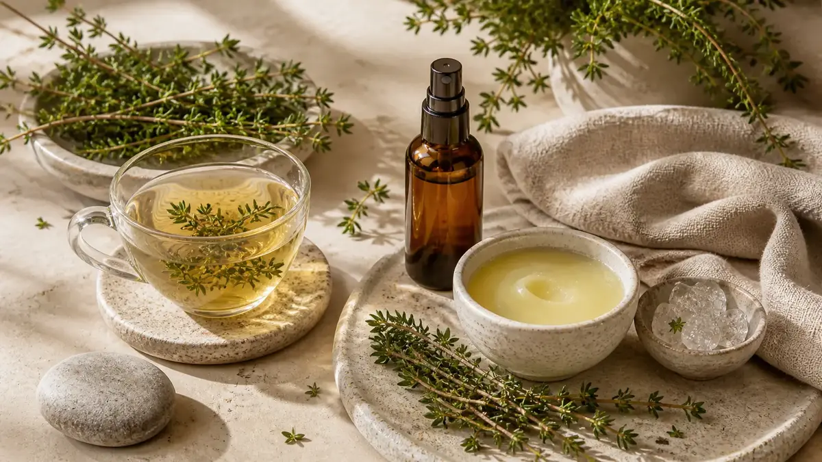 Thym en soin naturel : infusion, hydrolat en flacon ambré et baume naturel pour utiliser le thym en soin de la peau contre les imperfections
