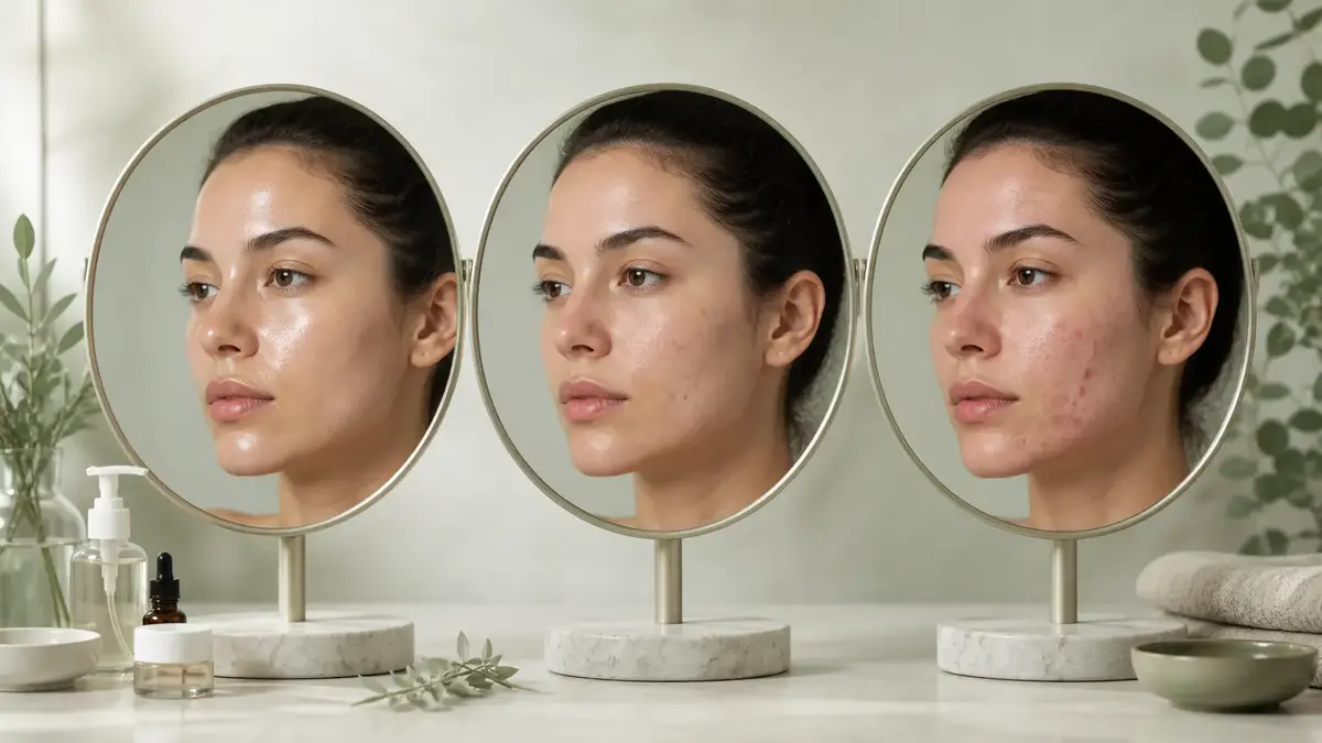 Différence entre peau grasse imperfections et acné avec trois états cutanés visibles dans des miroirs