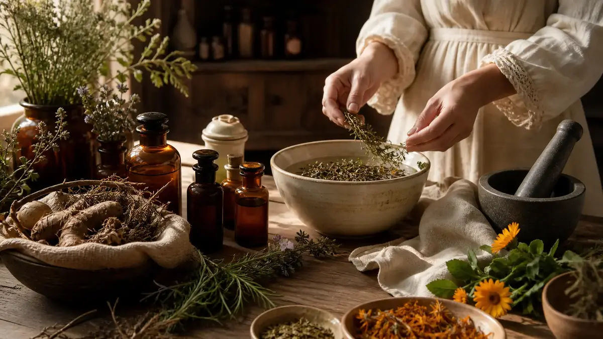 Préparation traditionnelle de plantes pour peau grasse avec bardane ortie romarin thym et calendula