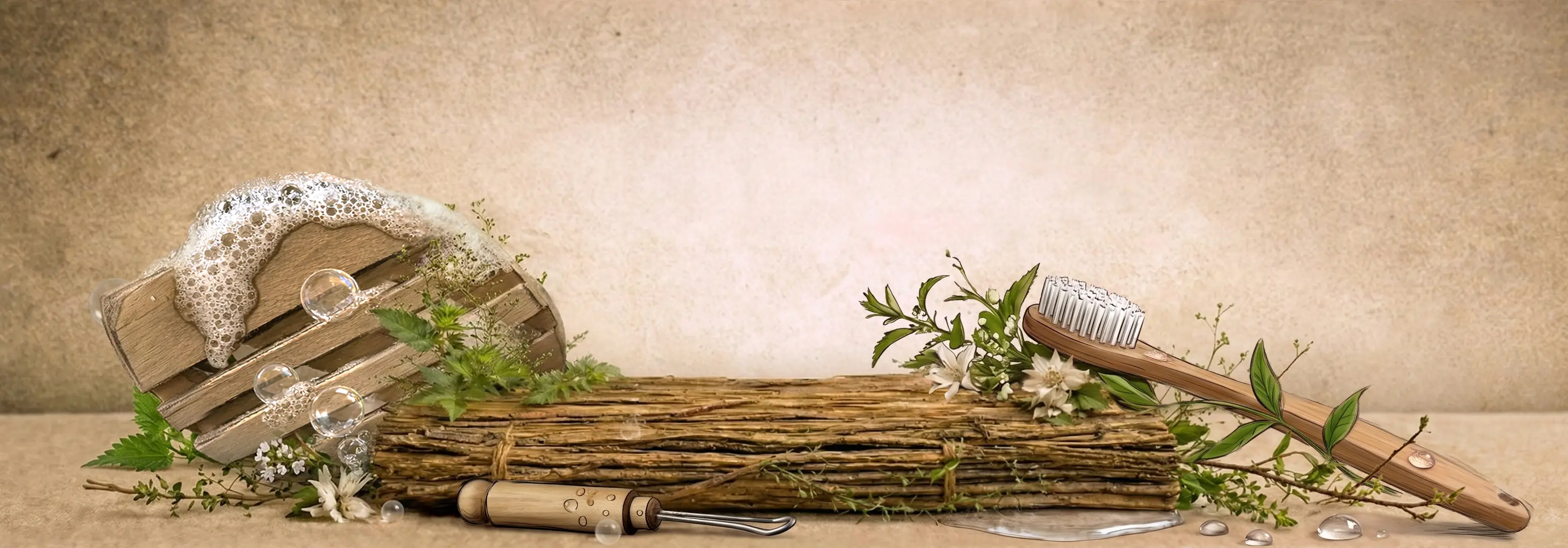 Accessoires de salle de bain naturels avec brosse en bois, cure-oreille, porte-savon et mousse végétale