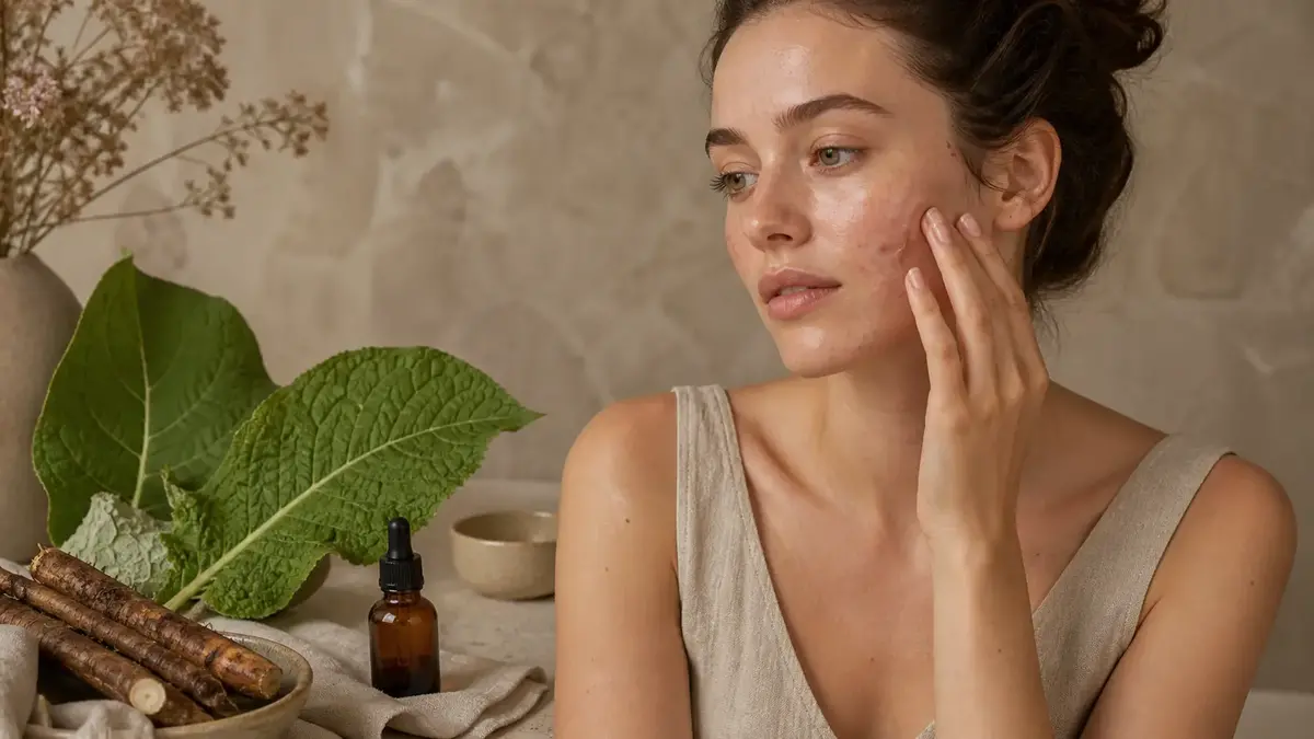 Peau à imperfections accompagnée par une routine naturelle à la bardane avec racines, feuilles et soin végétal