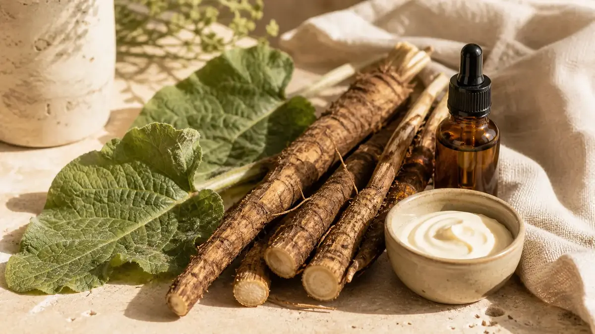 Bardane pour la peau avec racines fraîches, feuilles, flacon ambré et baume naturel pour accompagner les peaux à imperfections