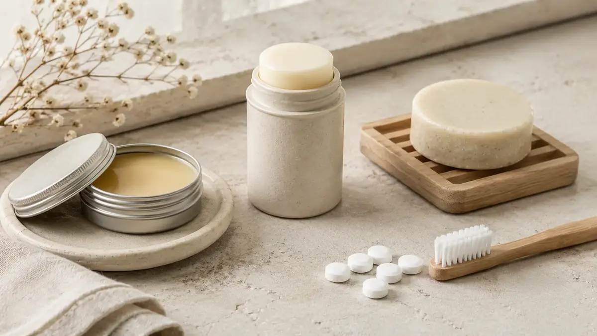 Baume, déodorant et dentifrice solides présentés sur fond clair dans une ambiance naturelle et minimaliste, pour illustrer combien de temps garder un cosmétique solide