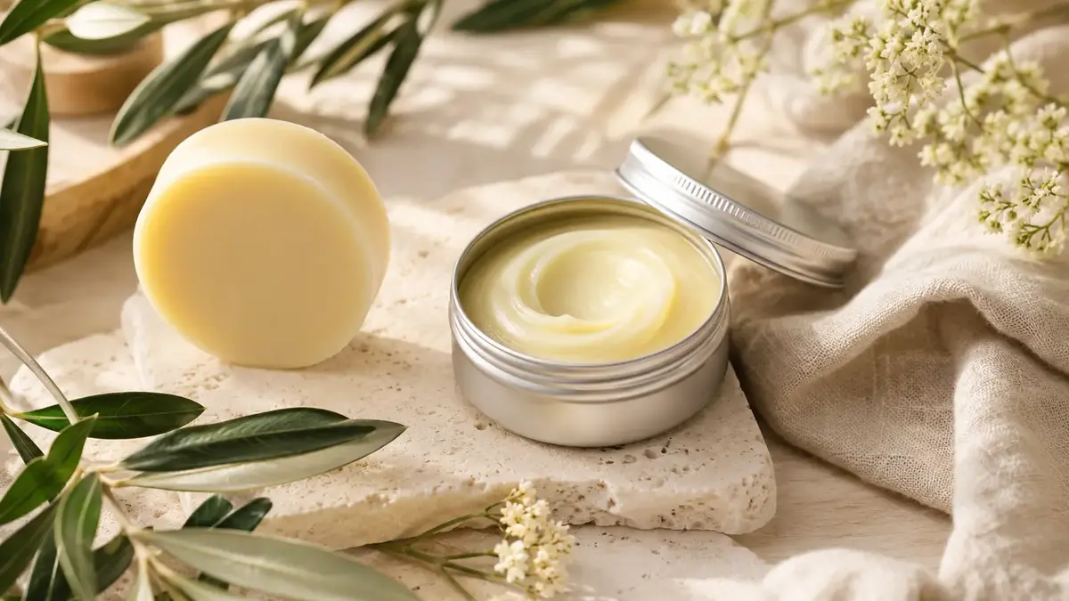 Baume solide naturel en pot et galet fondant dans une composition botanique premium.