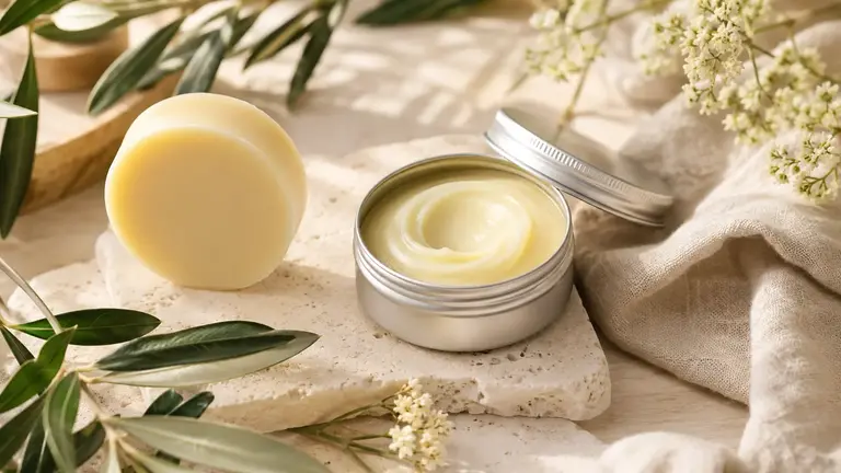 Baume solide naturel en pot et galet fondant dans une composition botanique premium.