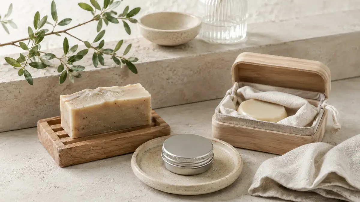 Savon solide, boîte métallique et coffret de transport en bois présentés pour illustrer les bons gestes de conservation d'un cosmétique solide.