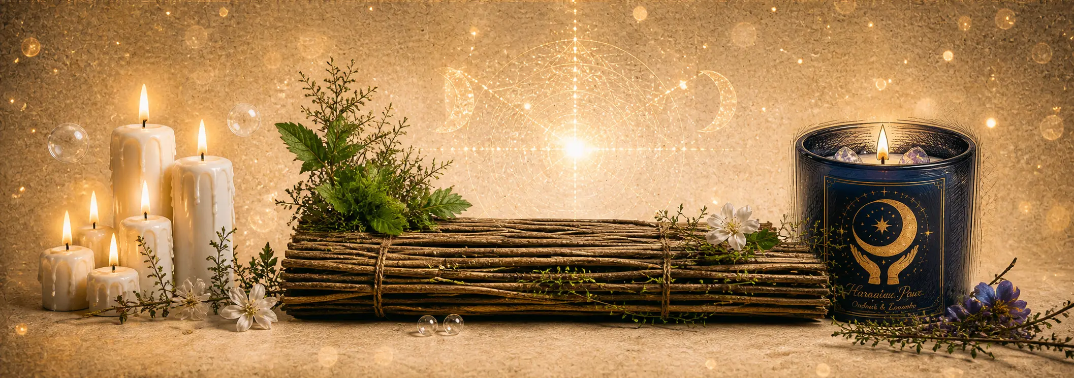 Bougies d’intention avec cierges, bougie rituelle, symboles lunaires et ambiance lumineuse spirituelle