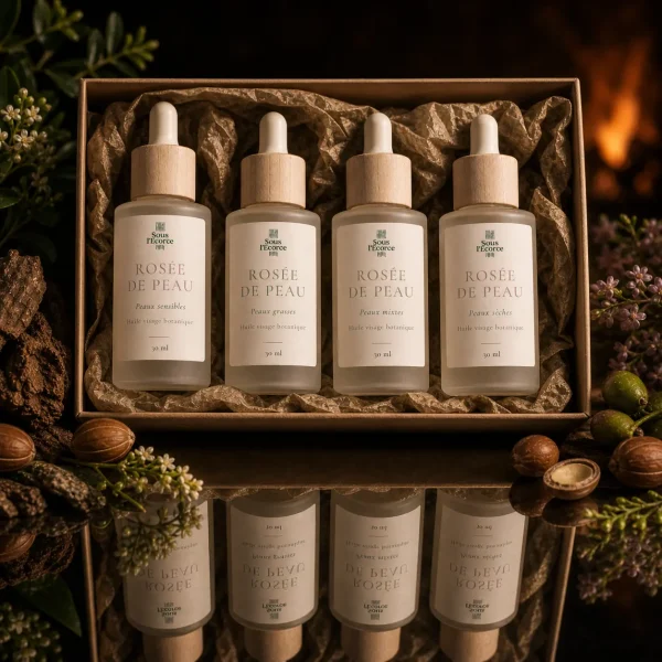 coffret huile visage naturelle Rosée de Peau avec 4 flacons en boîte ouverte et reflet miroir