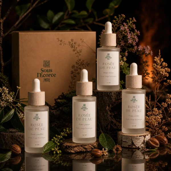 coffret Rosée de Peau avec 4 huiles visage naturelles en mise en scène botanique et reflet miroir