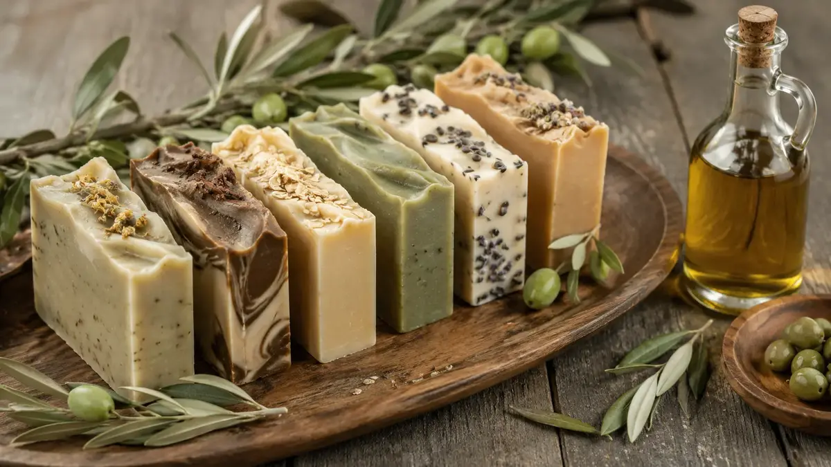 Assortiment de savons saponifiés à froid aux couleurs naturelles avec huile végétale