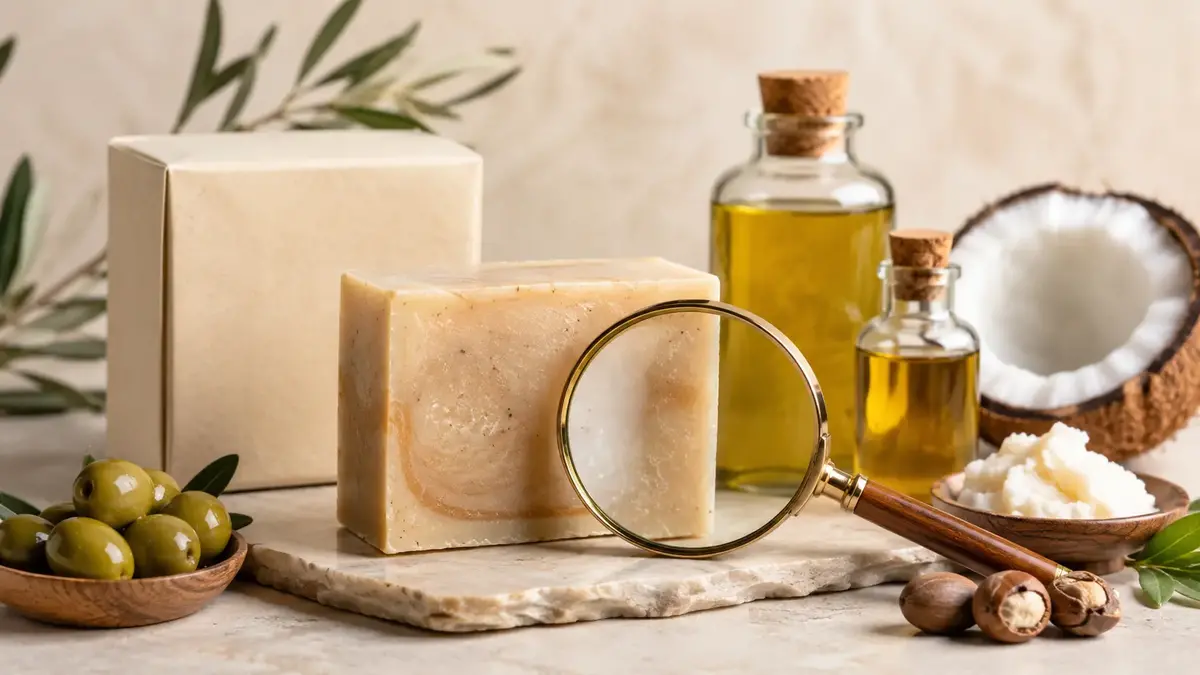 Savon artisanal avec loupe, emballage et ingrédients naturels pour illustrer la lecture de la composition