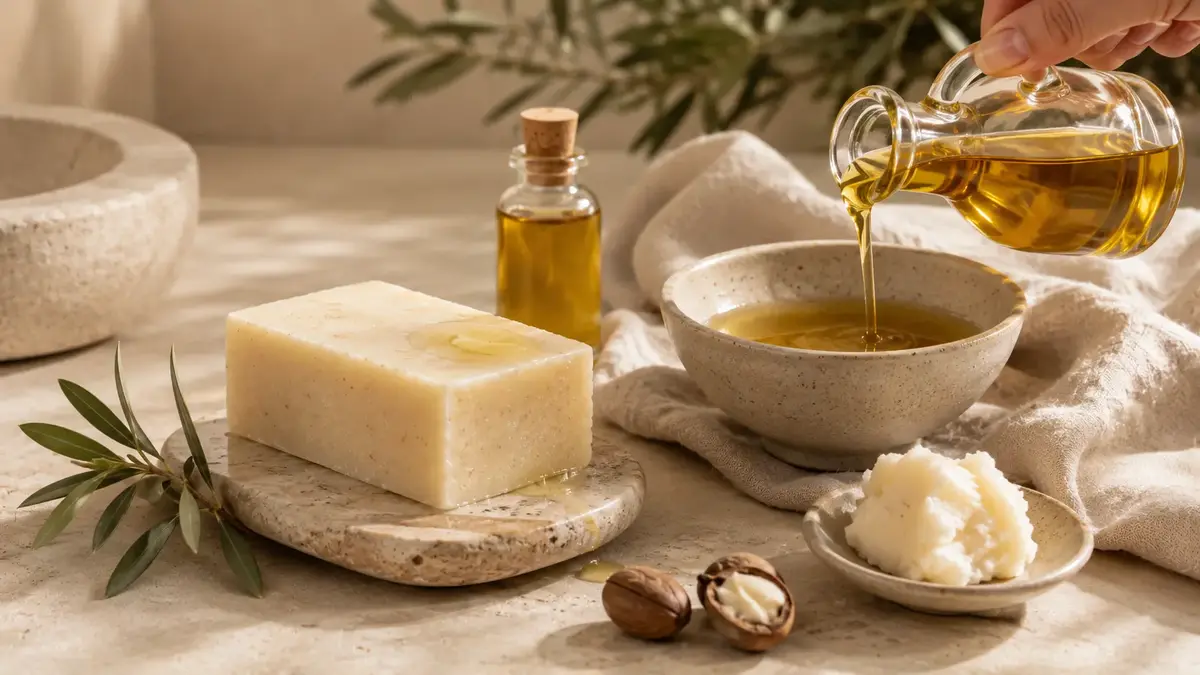 Huile végétale versée près d’un savon surgras et d’ingrédients naturels
