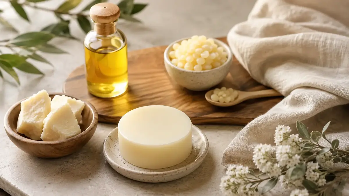 Beurre végétal, huile, cire naturelle et baume solide pour illustrer la composition idéale d’un baume naturel.
