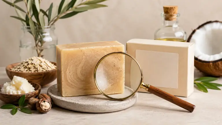Savon artisanal avec loupe, huiles végétales et ingrédients naturels pour illustrer la lecture de la composition d'un savon