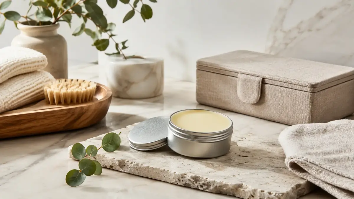 Baume solide naturel en boîte métallique avec textile et accessoires de salle de bain premium.