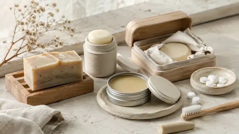 Savon, baume, déodorant et dentifrice solides présentés dans une composition premium autour de la conservation des cosmétiques solides.