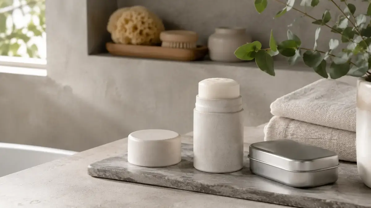 Déodorant solide naturel avec boîte métallique et linge propre dans une salle de bain minimaliste.