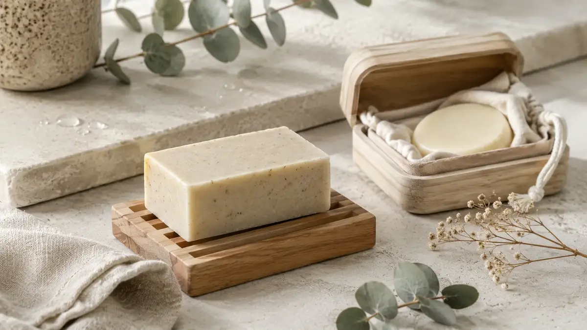 Savon solide naturel posé sur un porte-savon en bois avec boîte de transport dans une ambiance salle de bain sobre pour exprimer la durée de conservation d'un savon solide