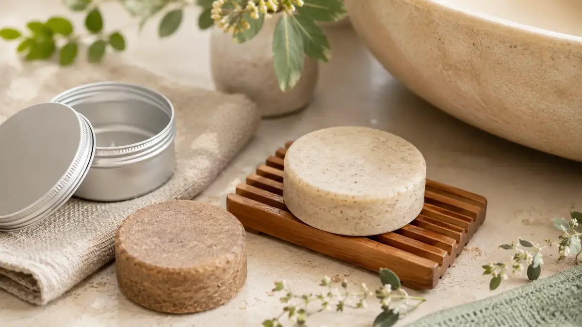 Shampoing solide naturel qui sèche sur un porte-savon en bois avec boîte de transport