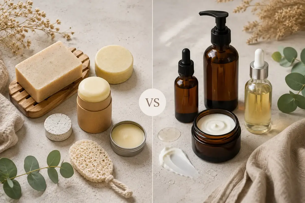 Cosmétiques solides et liquides naturels présentés côte à côte pour comparer leurs formats, textures et usages.
