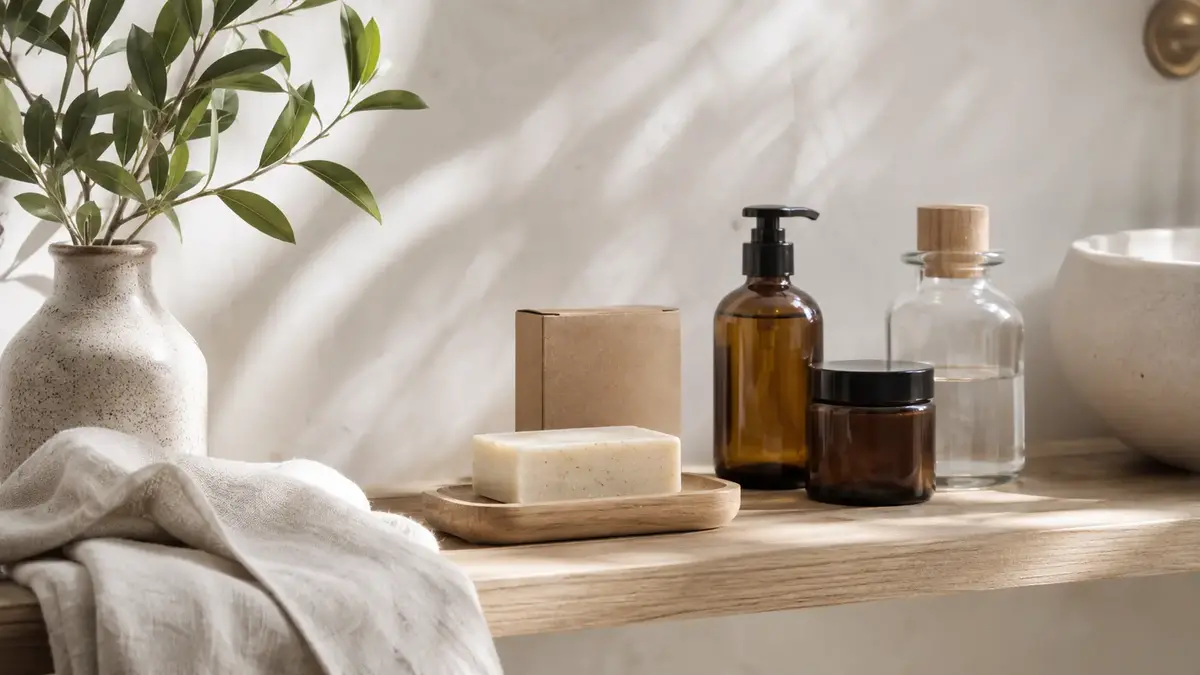 Salle de bain minimaliste avec savon solide, emballage carton, flacons en verre et accessoires naturels.