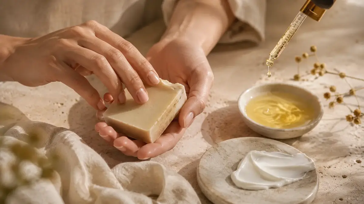 Mains tenant un savon naturel avec huile végétale et crème pour illustrer la douceur des soins solides et liquides.