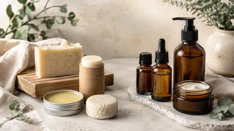 Cosmétiques solides ou liquides naturels présentés ensemble pour comparer leurs différences de format, de texture et d’impact environnemental.