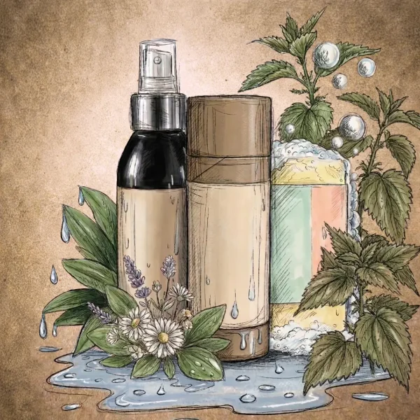 Produits cosmétiques naturels illustrés avec savon, flacon, stick de soin, feuilles et ortie