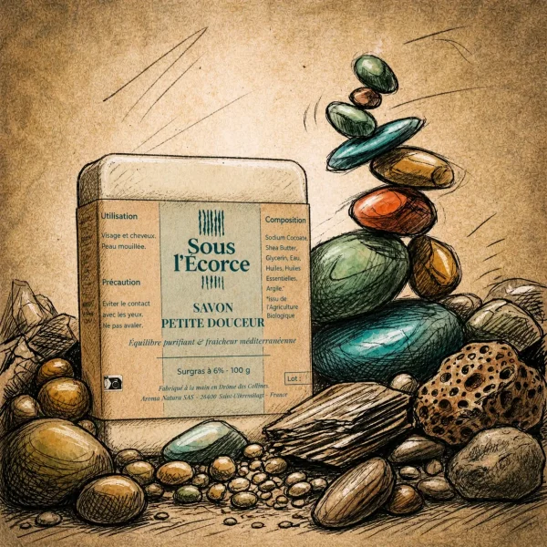 Cosmétiques solides naturels : illustration d’un rituel minéral et végétal cosmétiques solides naturels illustration savon solide soins écologiques rituel minimaliste pierre équilibre naturel