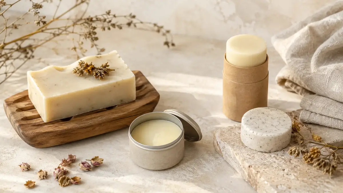 Savon solide, baume naturel et déodorant solide présentés sur fond clair dans une ambiance botanique premium.