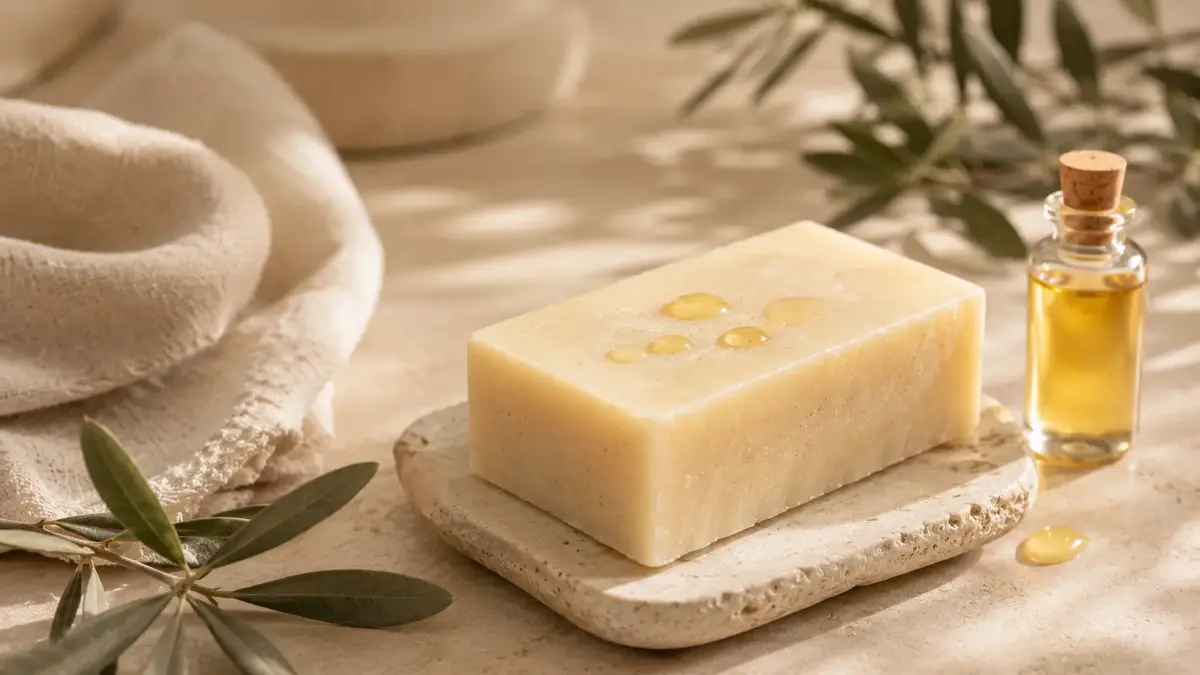 Savon surgras avec gouttes d’huile végétale visibles à sa surface