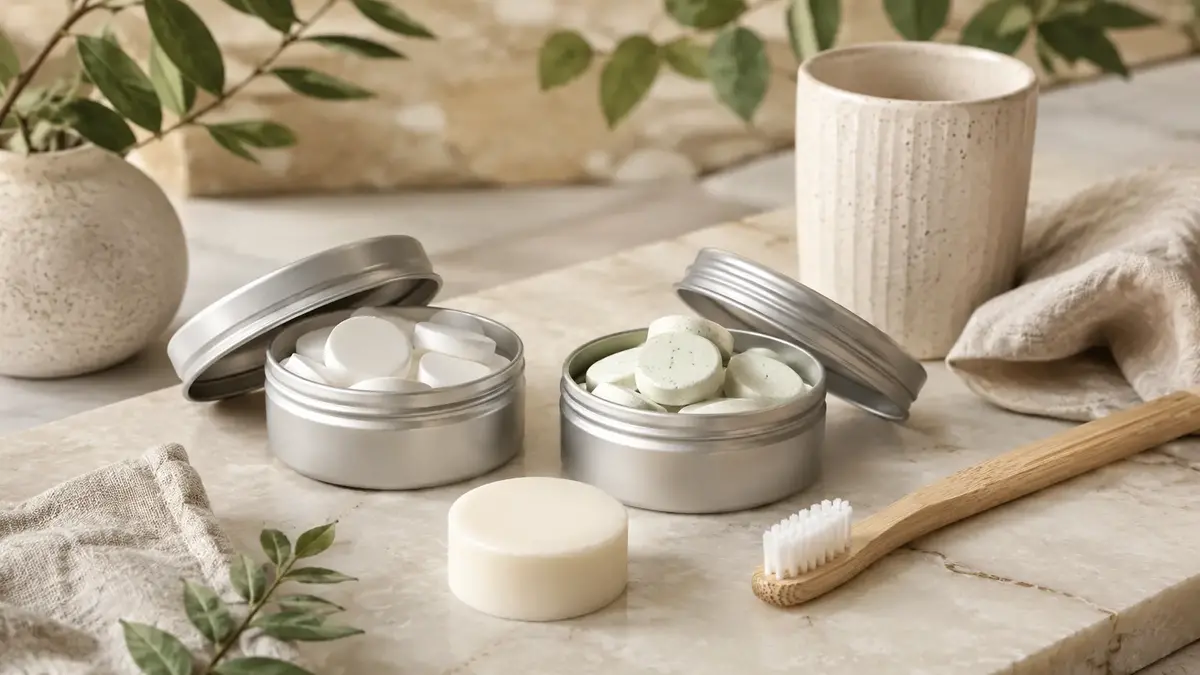 Deux boîtes de dentifrice solide naturel avec pastilles blanches et vertes pour illustrer le choix avec ou sans fluor.