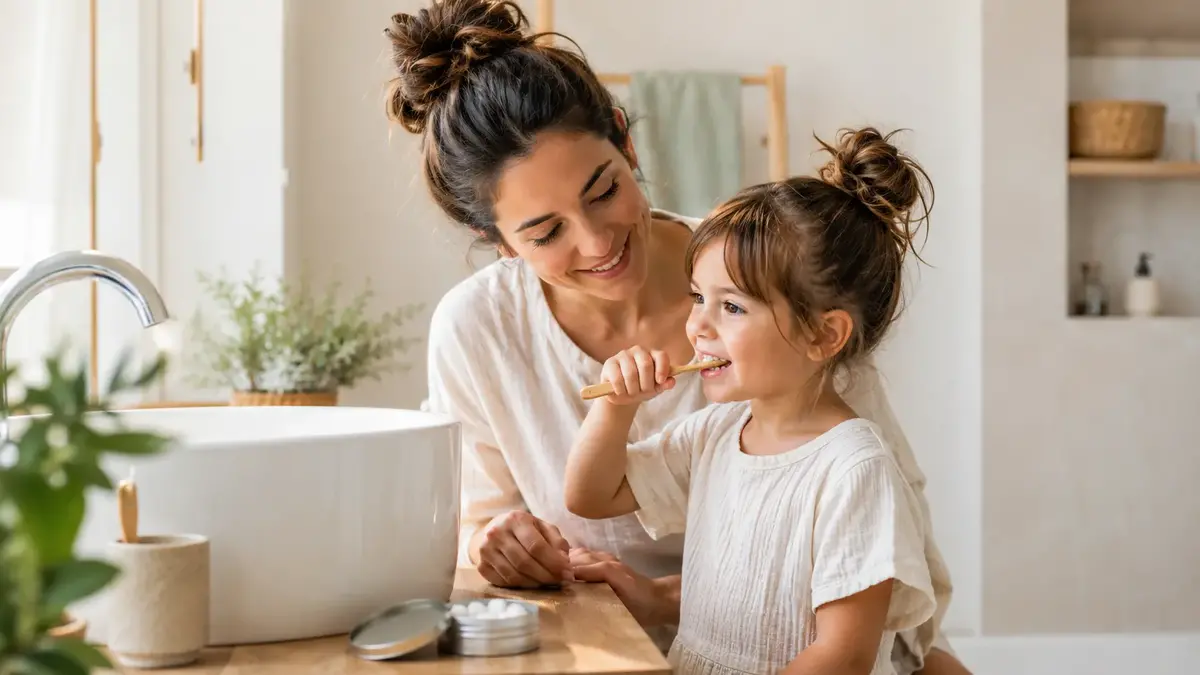 Enfant se brossant les dents avec une brosse à dents en bambou, avec dentifrice solide sans fluor, sous la supervision d’un adulte dans une salle de bain naturelle.
