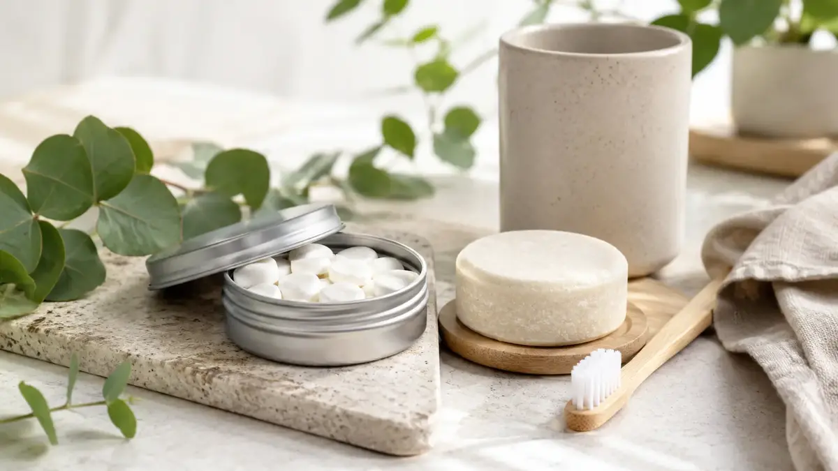 Dentifrice solide naturel avec pastilles, galet, brosse à dents en bambou et accessoires de salle de bain naturels.