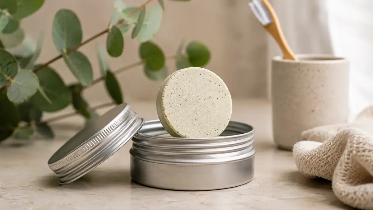 Galet de dentifrice solide naturel posé sur une boîte métallique avec brosse à dents en bambou dans une salle de bain minimaliste.