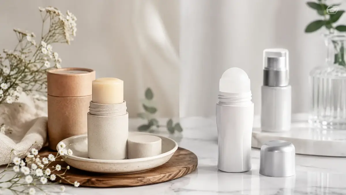 Déodorant solide naturel et roll-on classique présentés côte à côte pour illustrer la différence entre déodorant et anti-transpirant.