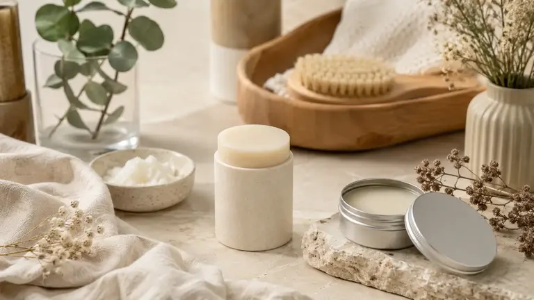 Déodorant solide naturel en stick avec baume et ingrédients végétaux dans une ambiance salle de bain premium.