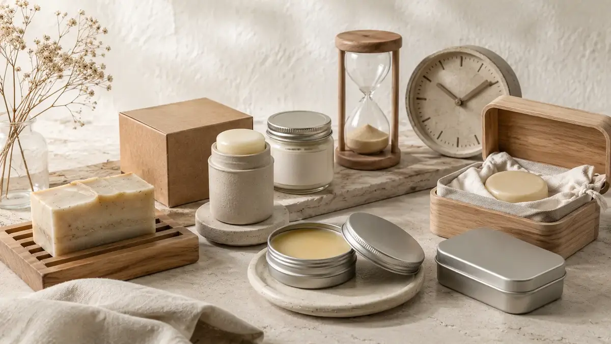 Cosmétiques solides avec sablier et horloge pour illustrer la durée de conservation, la PAO et la DDM.