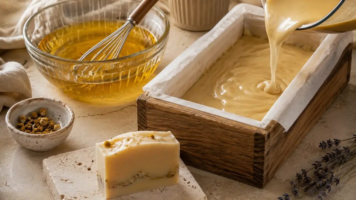 Pâte à savon versée dans un moule en bois lors de la fabrication d’un savon saponifié à froid