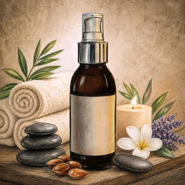 Huile de massage naturelle et rituel détente Flacon d’huile de massage illustré avec serviettes, galets, fleur blanche et bougie