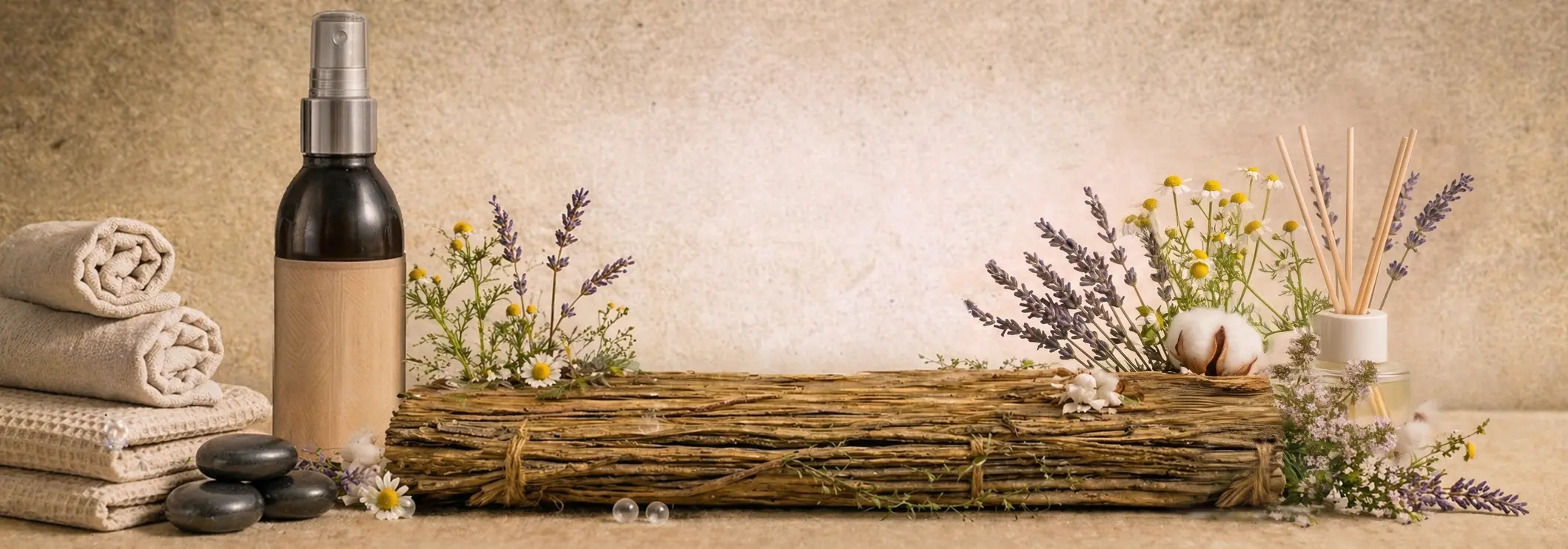 Huiles de massage naturelles avec flacon spray, serviettes, galets, lavande et camomille dans une ambiance bien-être